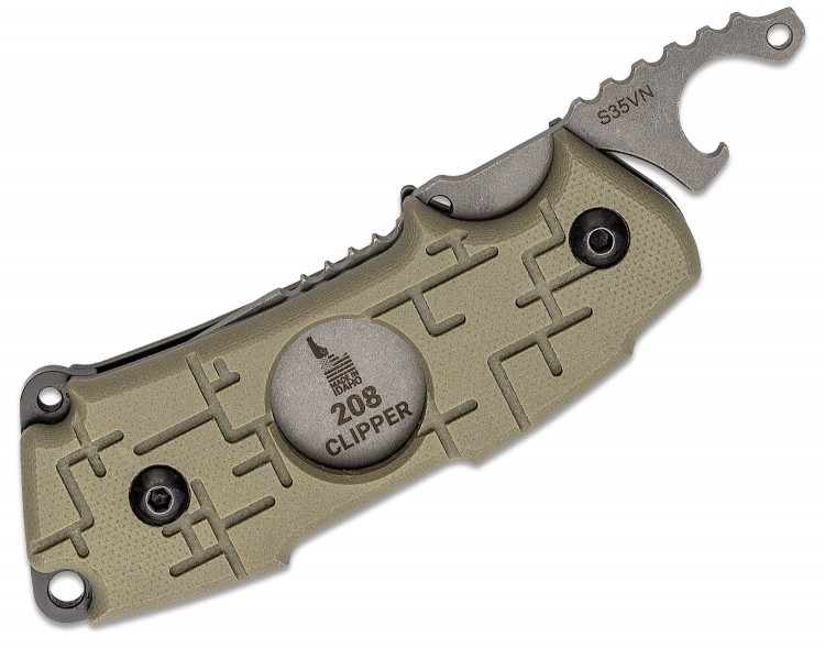 TOPS Knives 208 Clipper Cigar Cutter Friction, Tumbled Tanto Blade, OD Green G10 Handles with Cigar Hole 2CP-01