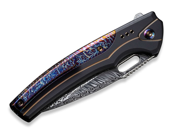 WE Knife Exciton Black & Gold Flamed Titanium Damascus Ltd