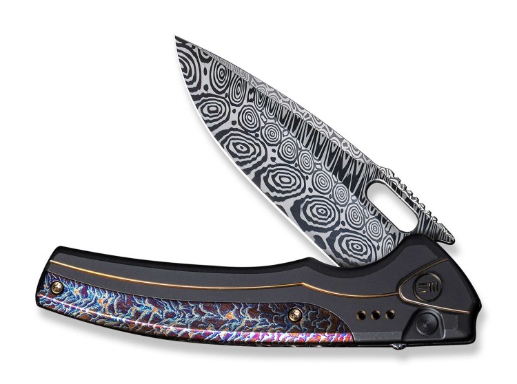 WE Knife Exciton Black & Gold Flamed Titanium Damascus Ltd