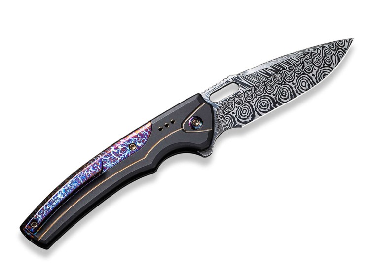 WE Knife Exciton Black & Gold Flamed Titanium Damascus Ltd